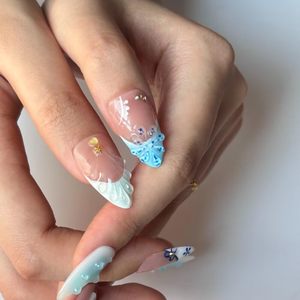 Ongles à presser élégants style français, motif papillon et stiletto, longs, prêts à poser, 10 pièces, avec colle pour doigts - Product Image 3