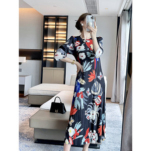 <span class=keywords><strong>Abito</strong></span> Estivo Elegante Personalizzato, Casual e Ampio con Pieghe Floreali, Vestito <span class=keywords><strong>Lungo</strong></span> da Donna con Mezze Maniche e Collo Alto - Product Image 6