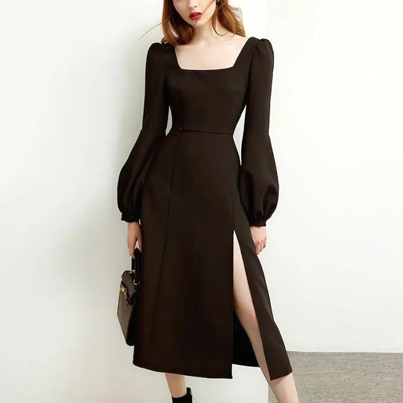 Black Retro Split Dress Women Elegant Midi Designer Dress Female Long Sleeve Hepburn Style Chiffon Vintage Dress Fall Women