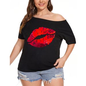 Womens Off The Shoulder Top Short Sleeve Metallic Lip Print Casual Blouse Regular Plus Size - Product Image 2