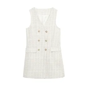 V neck double breasted beige color plaid pattern casual fashion long waistcoat vest for women