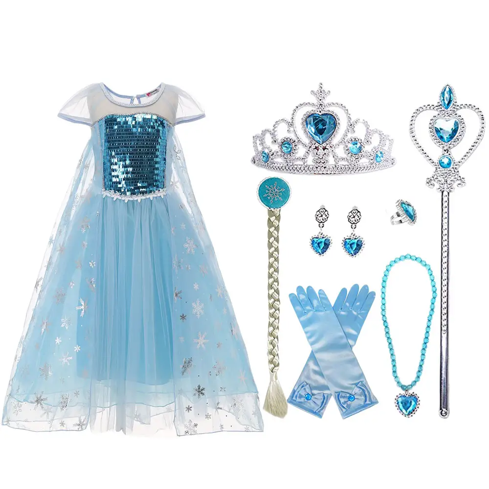Halloween Elsa Princess Dress Girls Party Dress Cosplay Wig Wand Crown Fancy Elsa Dress Costumes Collection for Girls