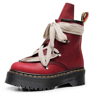 Red high-top cross-laced motorcycle <b>boots</b> for ladies - personalized short <b>boots</b> with side zipper made of genuine leather - Product Image 1