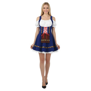Vestido Dirndl para Mujer, Azul y Blanco, Hombros Descubiertos, Disfraz para Actuación en Escenario, Otoño 2023 - Product Image 1