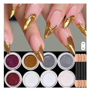 8 pièces de poudre à ongles chromée, <span class=keywords><strong>effet</strong></span> <span class=keywords><strong>miroir</strong></span> métallique, paillettes holographiques, poudre chromée métallique pour ongles, poudre à ongles chromée or <span class=keywords><strong>rose</strong></span> - Product Image 1