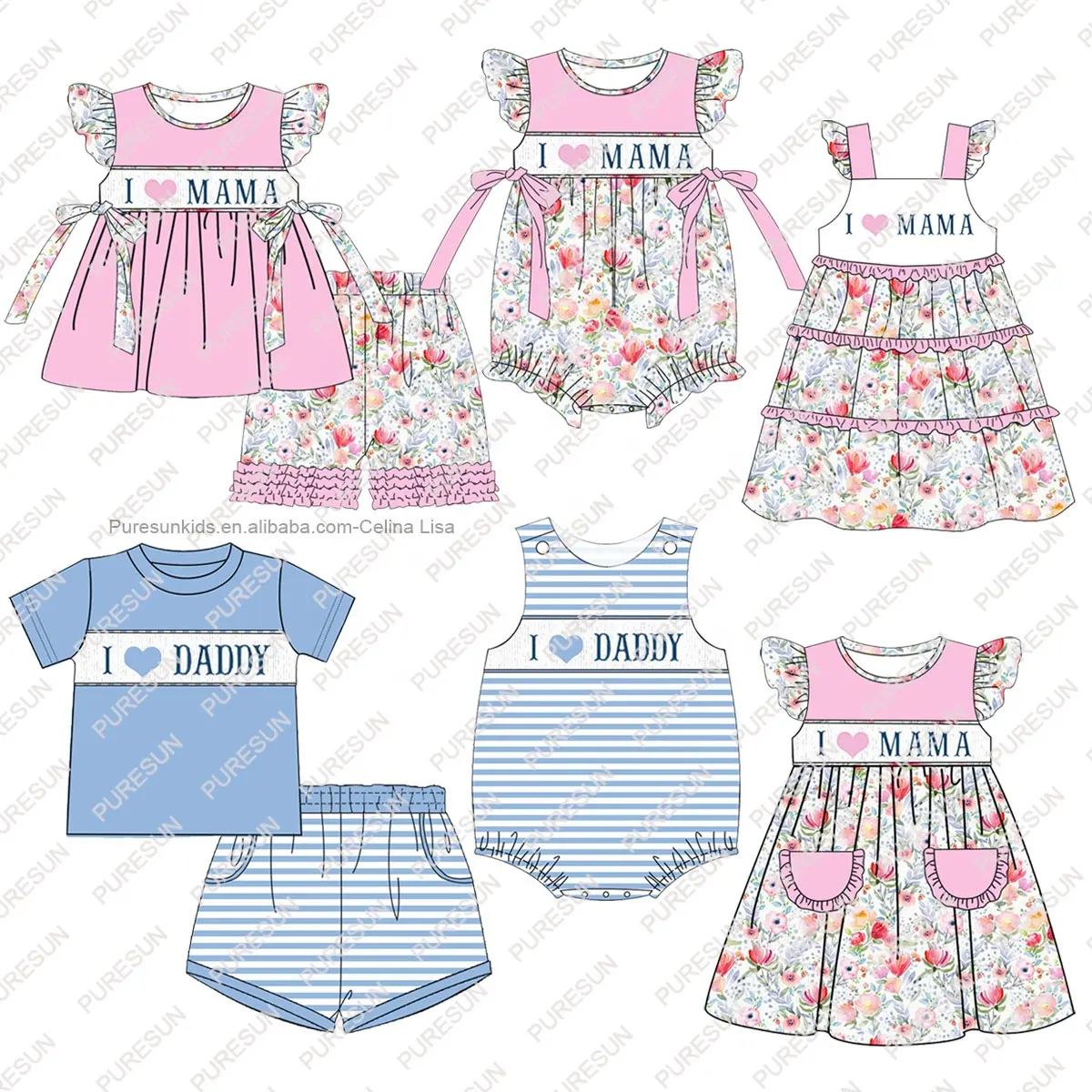 2023 Hot sale smocked baby clothing floral printing toddler girl dress sets lovely Valentine's toddler girls clothing sets