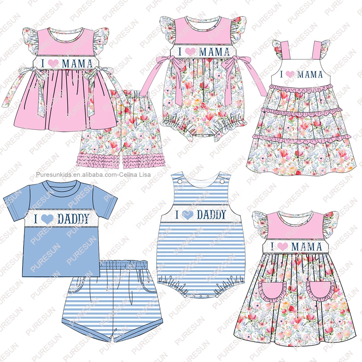 2023 Hot sale smocked baby clothing floral printing toddler girl dress sets lovely Valentine's toddler girls clothing sets