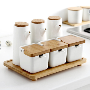 Ensemble de Pots à épices en céramique, 6 pièces, Condiments, <span class=keywords><strong>vinaigre</strong></span> huile de <span class=keywords><strong>vinaigre</strong></span>, récipient de stockage d'assaisonnement avec couvercle en bois étanche - Product Image 1