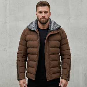 Blouson matelassé marron à capuche pour homme, col montant, fermeture éclair, coupe-vent, décontracté, pour l'hiver, rembourrage épais en polyester, coupe droite - Product Image 1