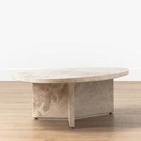 Table basse moderne minimaliste de luxe, forme asymétrique, artisanale, beige, pierre naturelle, marbre, table centrale pour salon