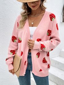 Cardigan pour <span class=keywords><strong>femme</strong></span> à motif fraises, côtelé, pour tous les jours, polyvalent, style décontracté, <span class=keywords><strong>pull</strong></span> tricoté - Product Image 2