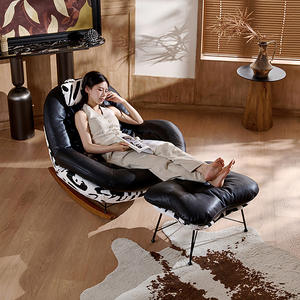 เก้าอี้โยกเพนกวิน เก้าอี้โซฟาเดี่ยว หนังสีดำ ฐานหนังวัว ทันสมัย สำหรับห้องนั่งเล่น เก้าอี้พักผ่อนพร้อมโครงไม้โยก - Product Image 3