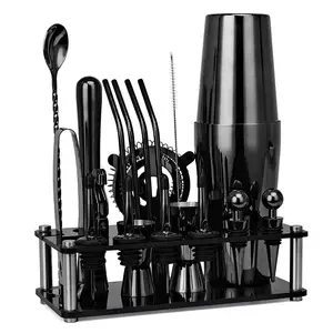 Baru Top Seller 20Pcs Kustom 800Ml Bartender Stainless Steel Kit Cocktail Alat Hitam Boston Shaker Bar Set dengan Akrilik Berdiri