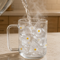 Mug en verre borosilicate de haute qualité imprimé Daisy de 500 ml avec poignée pour café, thé, jus et boissons glacées