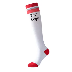Meias de compressão para esportes, meias de cor sólida com listras personalizadas com seu próprio logotipo na altura do joelho