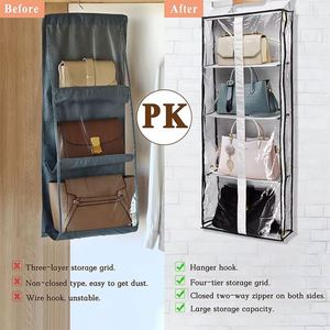 Heavy-Duty 4 <b>Large</b> Clear PVC Pockets Handbag Hanging Organizer, Wooden Hanger Oxford Cloth for Closet & Bedroom Storage Bag - Product Image 3