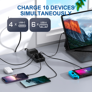 Cargador VINISEM <span class=keywords><strong>de</strong></span> 10 Puertos USB Tipo-C para Oficina, Portátil y Teléfono Inteligente, 6 Puertos USB + 4 Puertos Tipo-C, Negro, Enchufe Estadounidense/Británico/Europeo, para Uso en el Hogar y Viajes - Product Image 4
