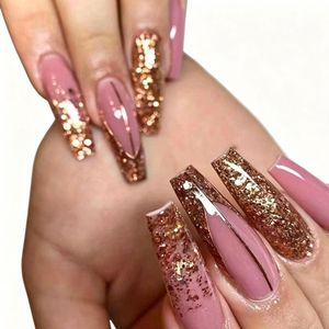 Lot de 10 faux ongles français de luxe en ABS, motif perles dorées, dégradé artistique, pré-dessinés, forme amande, pour doigts - Product Image 2