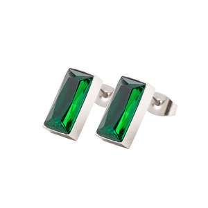 yunnique Green Crystal Rectangular <b>Stud</b> Earrings <b>Emerald</b> Cut Bezel Setting Geometric Design TitaniumSteel Unisex Fashion Jewelry - Product Image 5