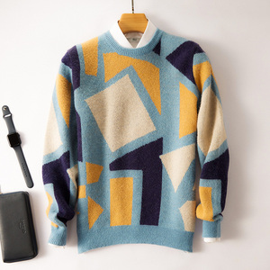 Maglione in pura lana di lusso classico da uomo 2025 100% misto <span class=keywords><strong>Cashmere</strong></span> Plus Size invernale maglieria termica con motivo Patchwork con stampa Logo - Product Image 5