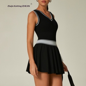 Set atasan dan rok tenis warna-warni mewah dengan detail blok warna, rok olahraga 2 in 1 bergaris warna kontras dengan saku, cocok untuk gym dan tenis - Product Image 5