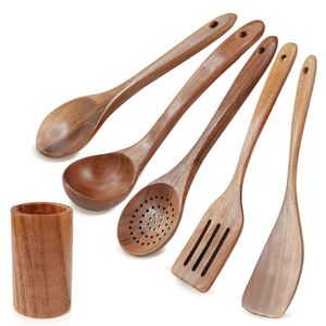 Ustensiles de cuisine 5/6/10 pièces, couverts en bois, cuillères en bois, cuillères à dessert, cuillères à soupe avec support - Product Image 3