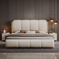 Lit king-size italien blanc éclairé, cadre réglable, style minimaliste, en bois de pin, avec rangement, revêtement en cuir luxueux, haut de gamme
