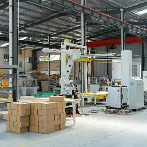 Palletizer robot untuk kotak/karton/wadah/tas dengan Dispenser palet dan pembungkus palet