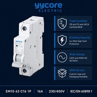 Disjoncteur miniature Yycore YYCEM10-63 C16 1P AC 16A 230/400V 10kA Courbe C IEC/EN 60898-1 CB CE UKCA