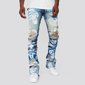 AeeDenim Diseñadores personalizados <span class=keywords><strong>Jeans</strong></span> Hombres Stacked Extendo Flared Screen Print Aguacate Slim <span class=keywords><strong>Tapered</strong></span> Denim <span class=keywords><strong>Jeans</strong></span> Hombres Pantalones largos - Product Image 1