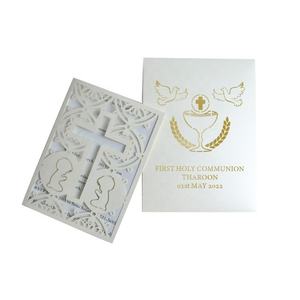 Carte d'invitation de première communion de croix découpée au laser avec boîte d'invitation de calice de baptême personnalisée - Product Image 1