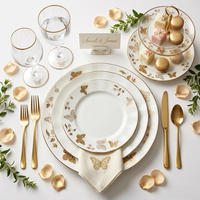 Service de vaisselle de luxe en porcelaine fine dorée motif papillon, assiettes rondes à bord ondulé pour mariage, dessert et salade