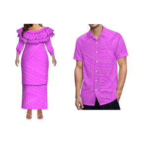 Nieuwe Plus Size Vrouwen Dubbel Gelaagde Franje Lange Mouw Jurk Op Maat Samoa Puletasi Jurk Bijpassende Aloha Mannen Shirt 2 Stuks - Product Image 3