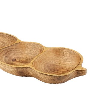 Wooden Pea Shaped Compartment <b>Tray</b> 3 Sections For Snacks Fruit Home Living Room Desktop Use - Product Image 1