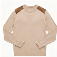 Pull en maille de laine mélangée pour homme, style tactique, motif uni, manches longues, épaule contrastante avec patch en daim, respirant pour l'hiver