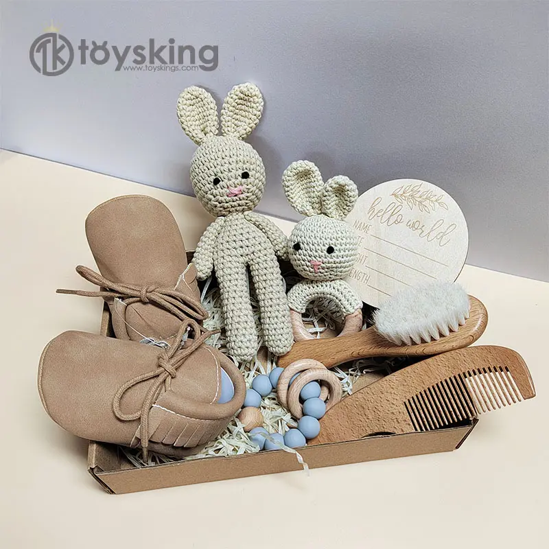 TK eco-friend-zapatos de algodón orgánico para bebé, conjunto de ducha para recién nacido, regalo para bebé, muñeca con sonajero de conejo, juguete de pulsera de silicona