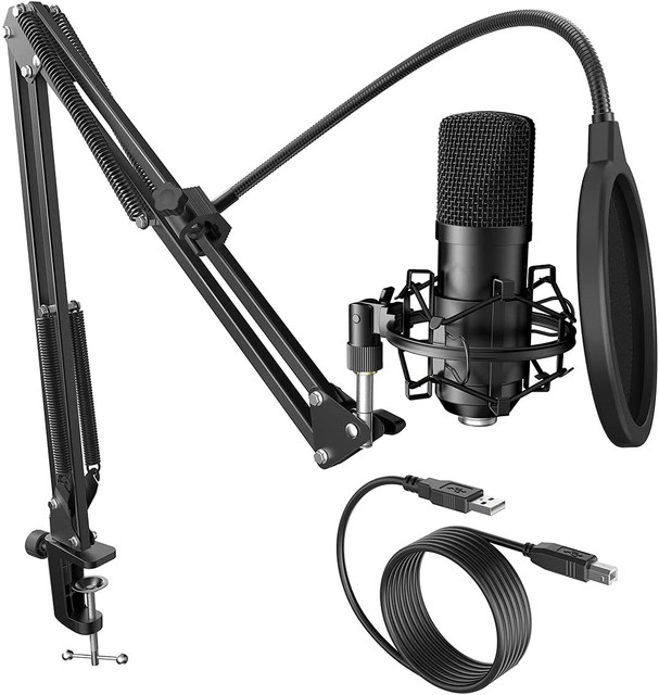 USB Condenser Microphone with Arm Stand Streaming Mic Kit for Gaming Recording Plug & Play Metal Computer Mic Set