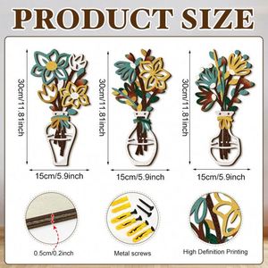 Vase à fleurs en bois 3D multicolore créatif, décoration murale rustique bohème pour la maison et les hôtels - Product Image 3