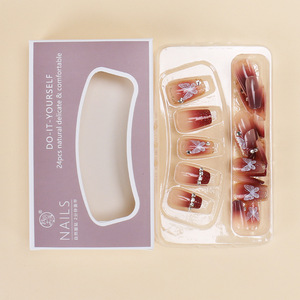 Nuevas uñas postizas populares al por mayor, cortas, en forma de T, con diseño de cereza y mariposa, con diamantes de imitación, uñas a presión desmontables. - Product Image 4