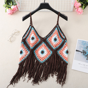 Nouveau <span class=keywords><strong>Gilet</strong></span> Court <span class=keywords><strong>Femme</strong></span> Tendance en <span class=keywords><strong>Crochet</strong></span> Fait Main avec Patchwork et Pompons, Style Urbain Sans Manches pour l'Été - Product Image 4