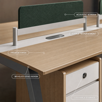 Bureau de travail commercial 4 places avec double plateau, pieds en acier en forme de A, serrure à combinaison et chemin de câbles intégré