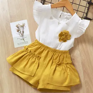 Girls 2 Piece Outfits Sleeveless Flower Ruffled Top Shorts Clothing Sets Baby Summer Lovely Cotton Kids Clothes Sets