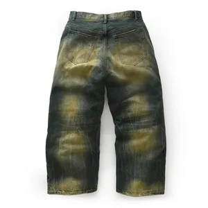 Người Đàn Ông Của Tùy Chỉnh Baggy Rộng Chân Hip-Hop Thời Trang Phố Jeans Đau Phải-Rửa Denim Vải Thêu Nút Thiết Kế Phun Trên Phai - Product Image 2