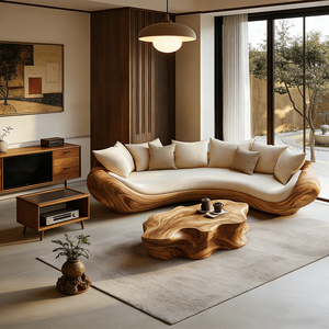 Divano Curvo in Legno Massello Personalizzato, <span class=keywords><strong>Moderno</strong></span> e Lussuoso, Forma Organica, Stile Wabi Sabi Japandi, Arredamento di Design per <span class=keywords><strong>Salotto</strong></span> - Product Image 4