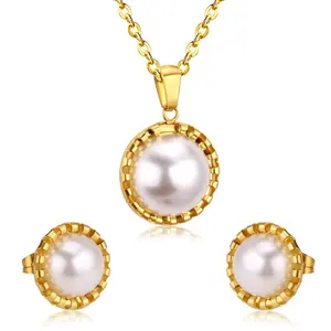 Jewellery African Dubai Jewelry Set Stainless Steel Pendant Necklace Earrings Women Fashion Pearl Wedding Jewelry Sets