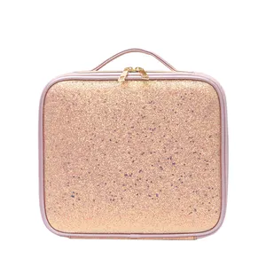 Newest Custom Travel Plastic Divider Makeup Organizer Bling Bling PU Leather Vanity Bag Essential Cosmetic Storage Box