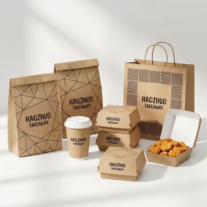 One-Stop Sustainable Custom Logo Burger <b>Box</b> Chicken Nugget <b>Box</b> Coffee <b>Cup</b> Packaging Set Recyclable Kraft Paper Bag with Handle - Product Image 2