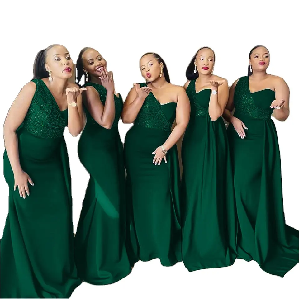 2023 Latest Fashion Vestidos De Dama De Honor One Shoulder Emerald Green Long African Bridesmaid Dresses