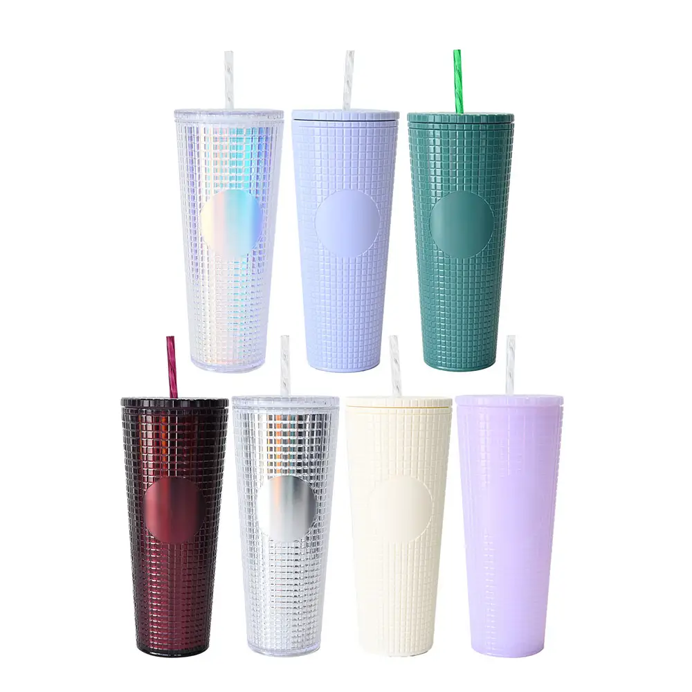 Vasos reutilizables para beber con diamantes, vasos multicolor de doble pared de plástico con tachuelas de 24oz, con pajita y tapas, venta al por mayor