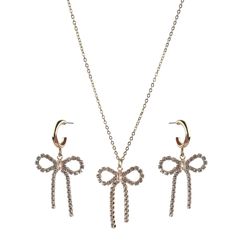 KITI Set perhiasan kalung liontin simpul pita, Set perhiasan untuk wanita anting-anting hoop berlian imitasi zirkon